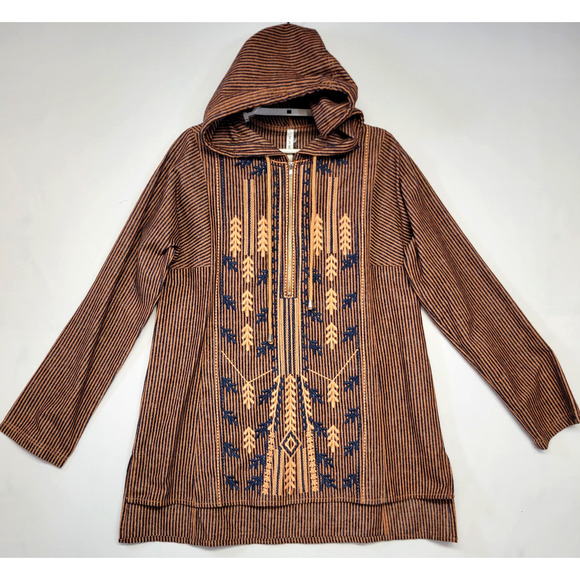 MÜR MÜR Tops - MUR MUR Hoodie Womens Small Brown Navy Embroidered Boho Tunic Cotton Boho Rustic